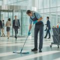 A maintenance worker cleaning the floor in a commercial office building lobby while employees walk through.