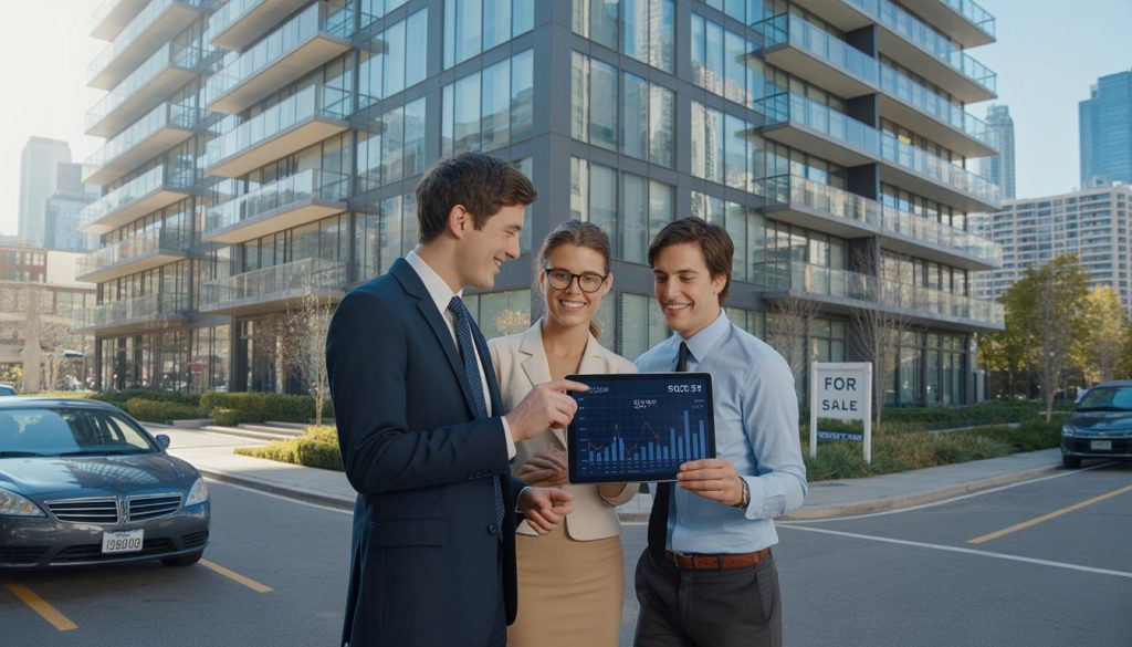 A real estate agent shows a young couple a tablet with property price charts outside a modern condominium building in the city.
