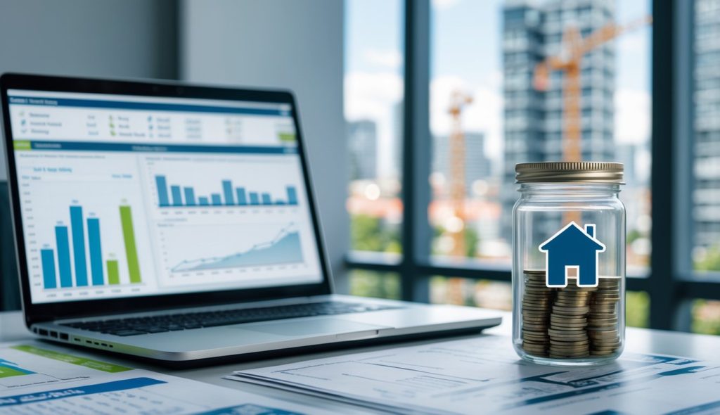 A desk with financial documents, a calculator, a laptop showing real estate charts, and a glass jar filled with coins and bills, with a cityscape visible through a window in the background.