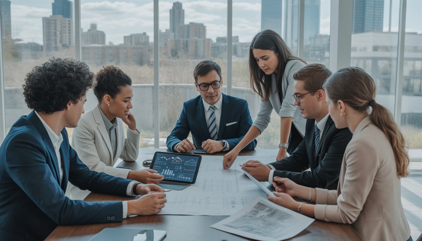 A group of diverse professionals discussing real estate plans around a table in a modern office with a city skyline visible through large windows.