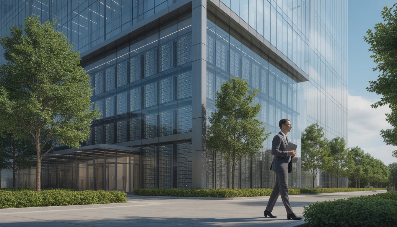 A modern data center building with glass windows showing server racks inside, surrounded by greenery, with a business professional walking toward the entrance.