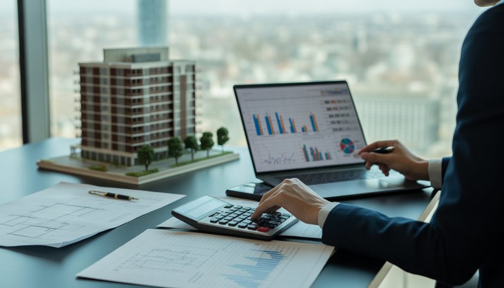 A business professional reviewing financial documents and real estate models in an office with a city view.