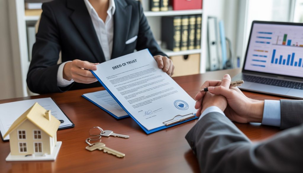Two people reviewing real estate documents at a desk with a model house and keys nearby in an office setting.