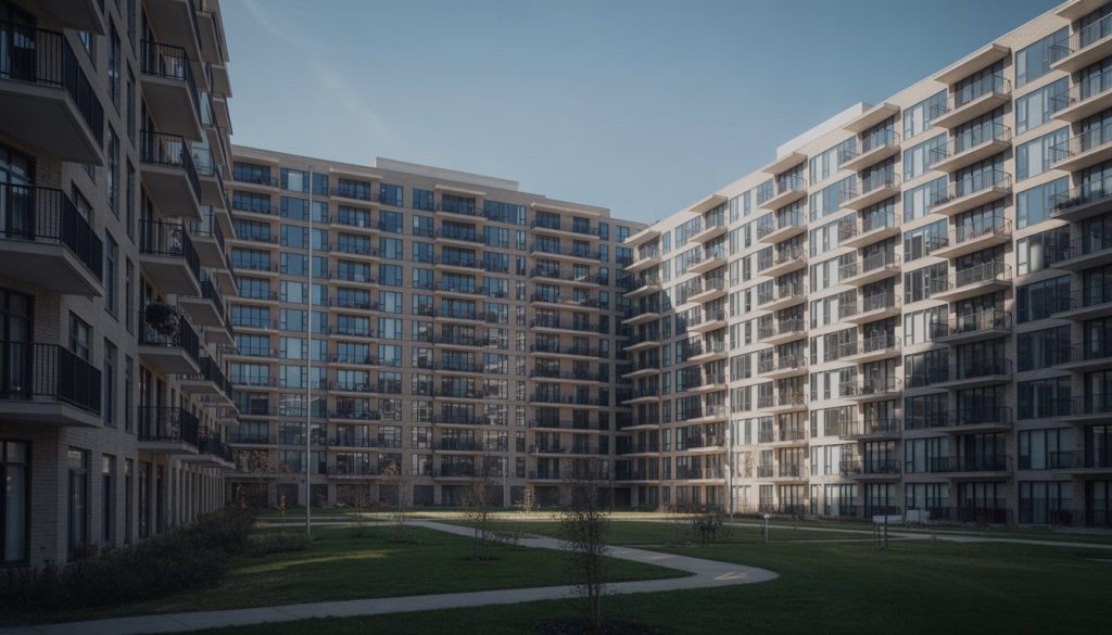 A large modern apartment complex with many empty units and no people visible.