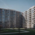 A large modern apartment complex with many empty units and no people visible.
