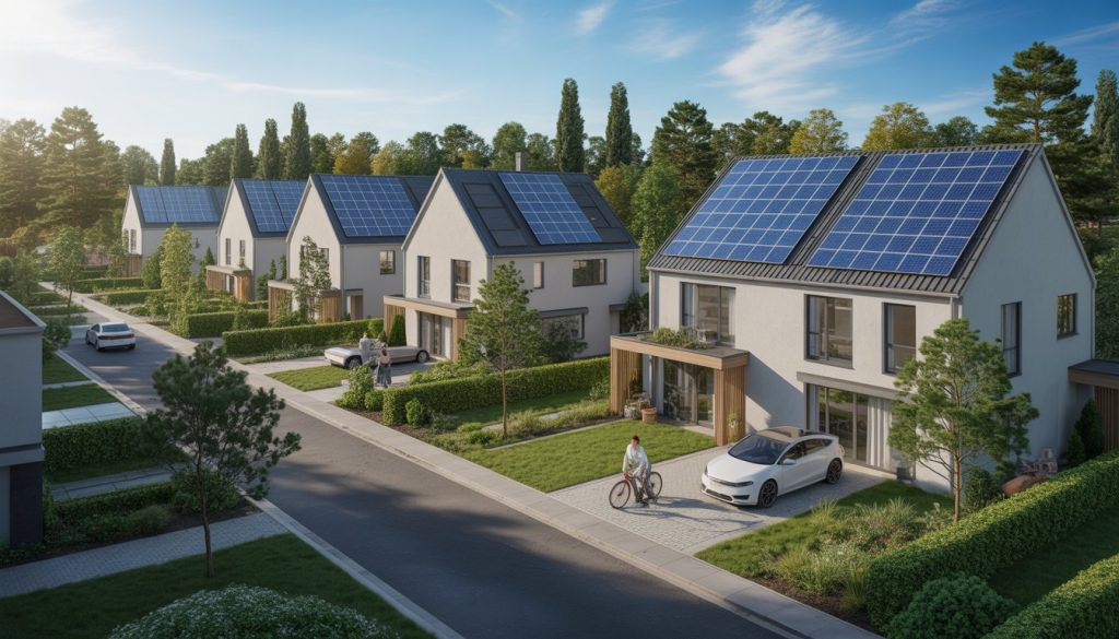 A modern green residential neighborhood with solar panels, electric cars, trees, and people gardening and biking.