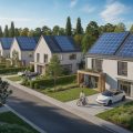 A modern green residential neighborhood with solar panels, electric cars, trees, and people gardening and biking.