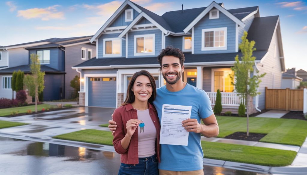 A young couple standing outside a modern multi-unit house on a sunny day, smiling and holding keys and paperwork.