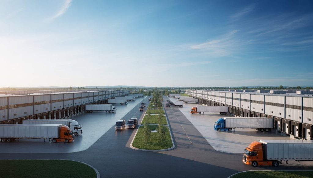 A large modern industrial warehouse complex with trucks parked at loading docks under a clear sky.