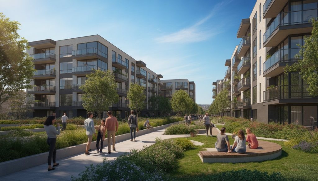 Modern multifamily apartment buildings with people enjoying landscaped outdoor spaces under a clear sky.