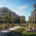 Modern multifamily apartment buildings with people enjoying landscaped outdoor spaces under a clear sky.