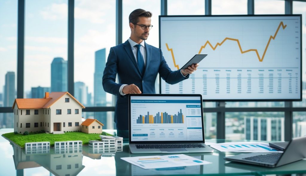 A businessperson in an office reviewing real estate charts and property models with a city skyline visible through large windows.