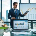 A businessperson in an office reviewing real estate charts and property models with a city skyline visible through large windows.