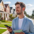 A person holding a smartphone and notepad standing on a suburban street with houses in the background.