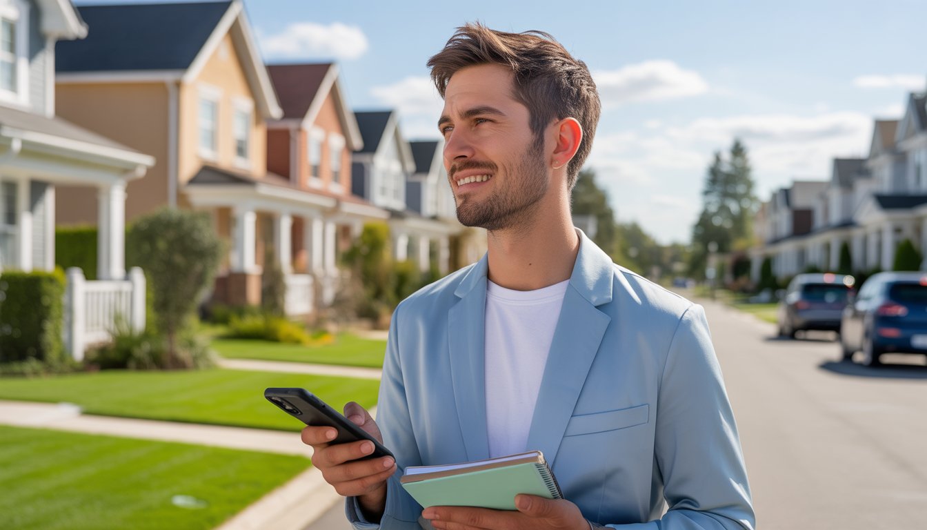 A person holding a smartphone and notepad standing on a suburban street with houses in the background.