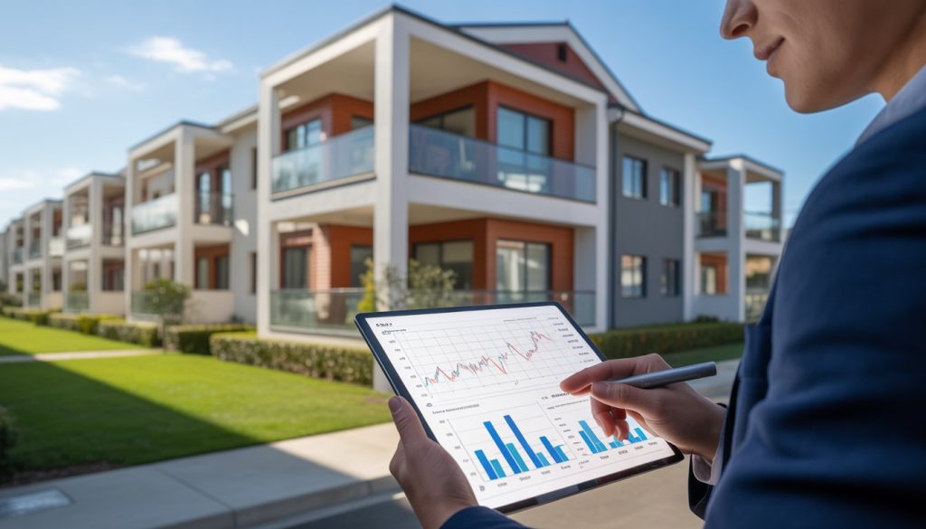 A real estate agent reviewing financial charts on a tablet in front of a modern residential building.