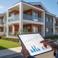 A real estate agent reviewing financial charts on a tablet in front of a modern residential building.