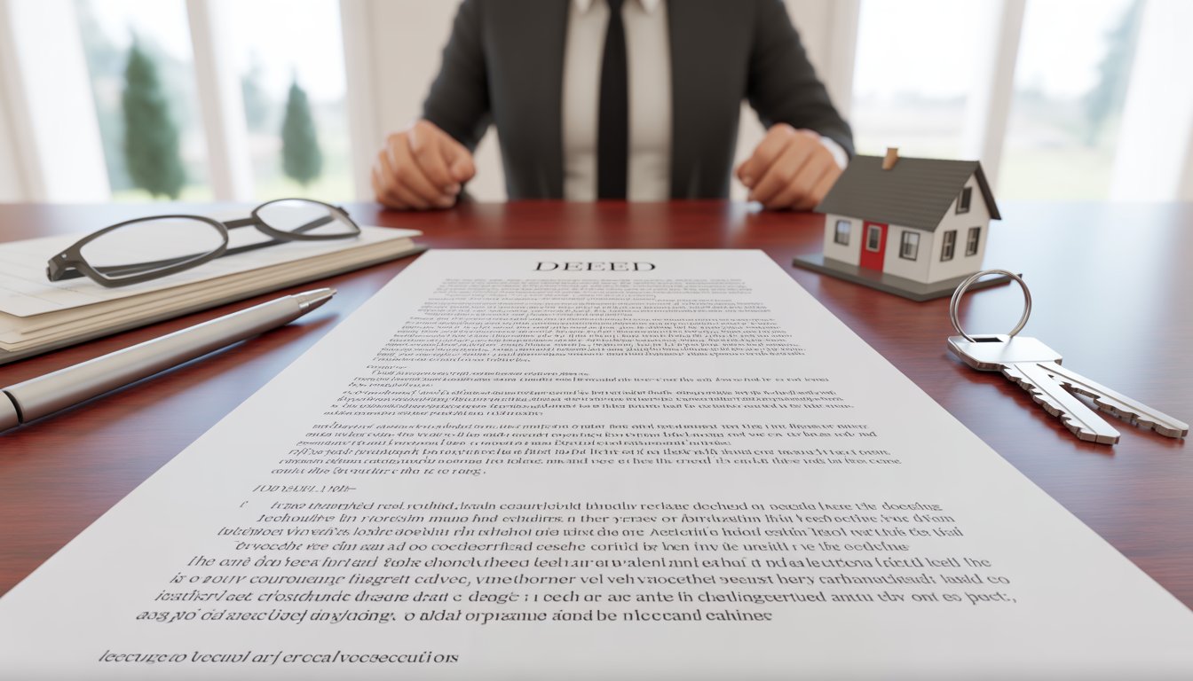 Close-up of a real estate deed document on a desk with reading glasses, a pen, house keys, and a small house model nearby.