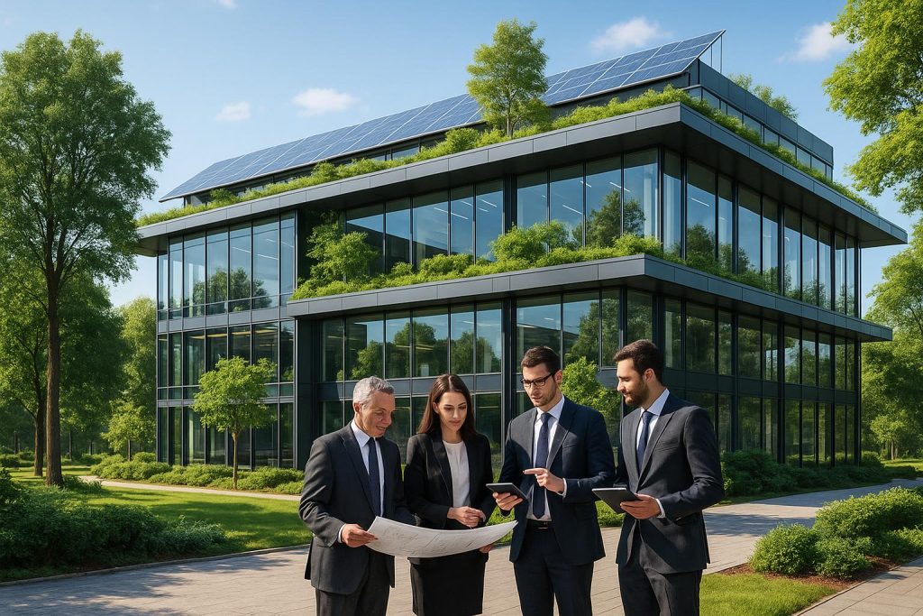 A modern eco-friendly office building with solar panels and rooftop gardens surrounded by trees, with business professionals discussing plans in front.