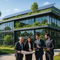 A modern eco-friendly office building with solar panels and rooftop gardens surrounded by trees, with business professionals discussing plans in front.