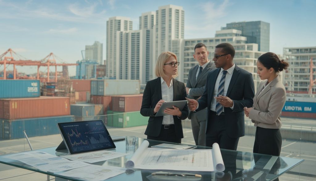 Business professionals discussing real estate plans outdoors with city buildings and shipping containers visible in the background.