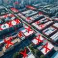 An overhead aerial view of a city with some sections having red X marks indicating use restrictions due to zoning.
