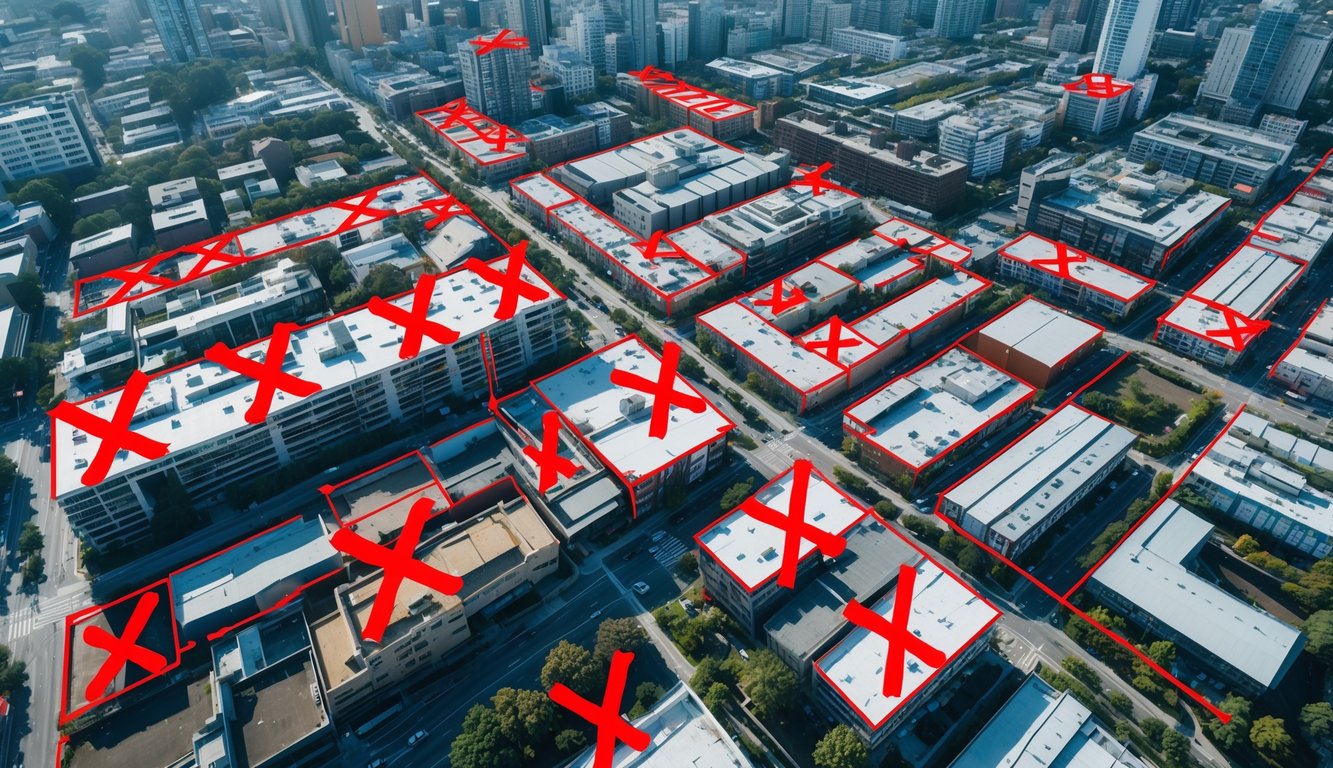 An overhead aerial view of a city with some sections having red X marks indicating use restrictions due to zoning.