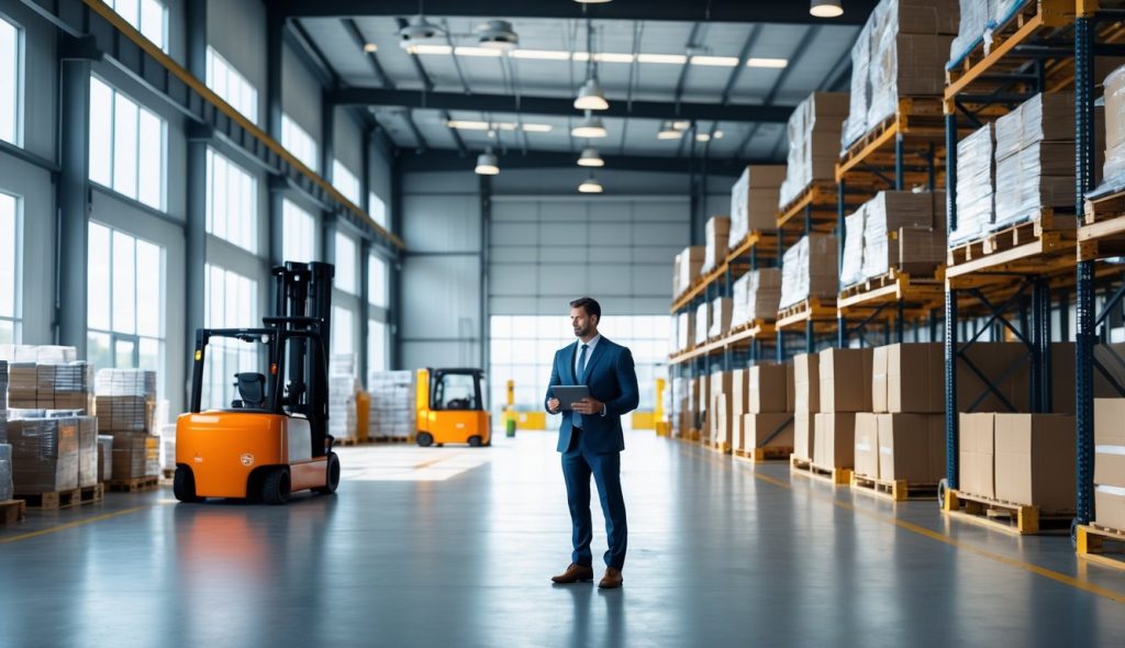 A businessperson inspecting inventory inside a large, organized warehouse with shelves of boxes and forklifts in the background.