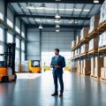 A businessperson inspecting inventory inside a large, organized warehouse with shelves of boxes and forklifts in the background.