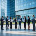 Business professionals discussing plans in front of a modern glass office building in a city plaza.