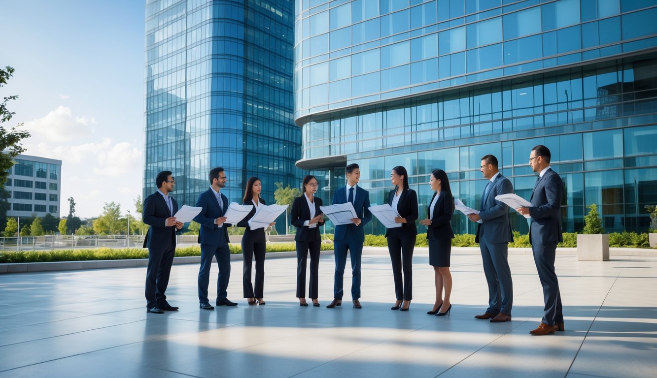 Business professionals discussing plans in front of a modern glass office building in a city plaza.