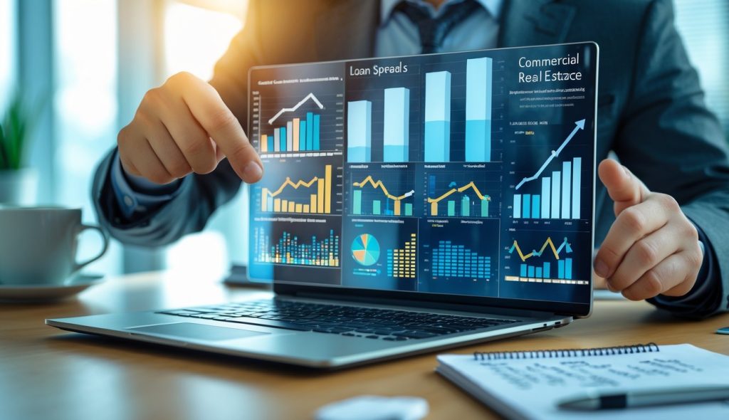 Close-up of a person analyzing financial charts and graphs on a laptop in an office setting.