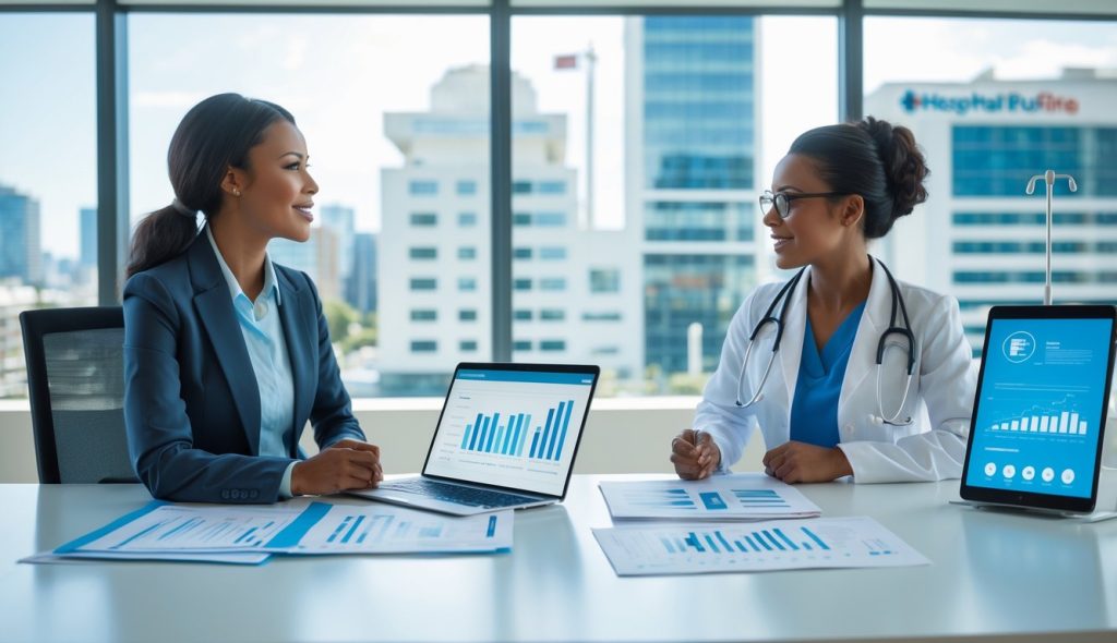 A businesswoman and a healthcare professional discussing financial documents and digital data in a bright office with medical and city elements in the background.