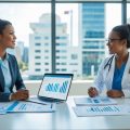 A businesswoman and a healthcare professional discussing financial documents and digital data in a bright office with medical and city elements in the background.