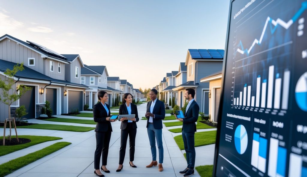 A modern suburban neighborhood with new single-family homes and people discussing real estate in a sunny setting.