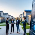 A modern suburban neighborhood with new single-family homes and people discussing real estate in a sunny setting.