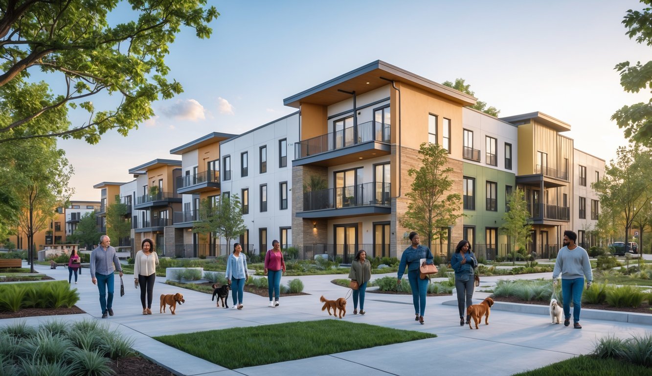 A modern residential community with apartment buildings, green spaces, and people walking and interacting outdoors.