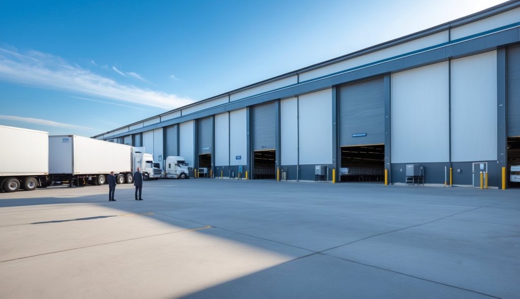 A modern cold storage warehouse with loading docks, refrigerated trucks, and a businessperson inspecting the site.