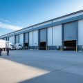 A modern cold storage warehouse with loading docks, refrigerated trucks, and a businessperson inspecting the site.