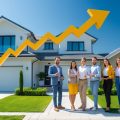 A group of people in an office reviewing property listings and charts during a real estate market analysis meeting.