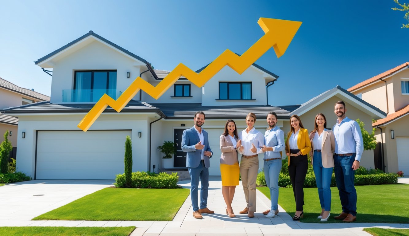 A group of people in an office reviewing property listings and charts during a real estate market analysis meeting.