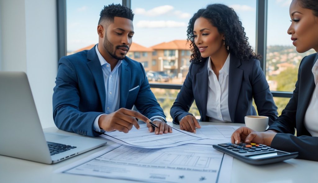 A real estate agent and client reviewing documents together at a desk in an office with a city view.