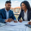 A real estate agent and client reviewing documents together at a desk in an office with a city view.
