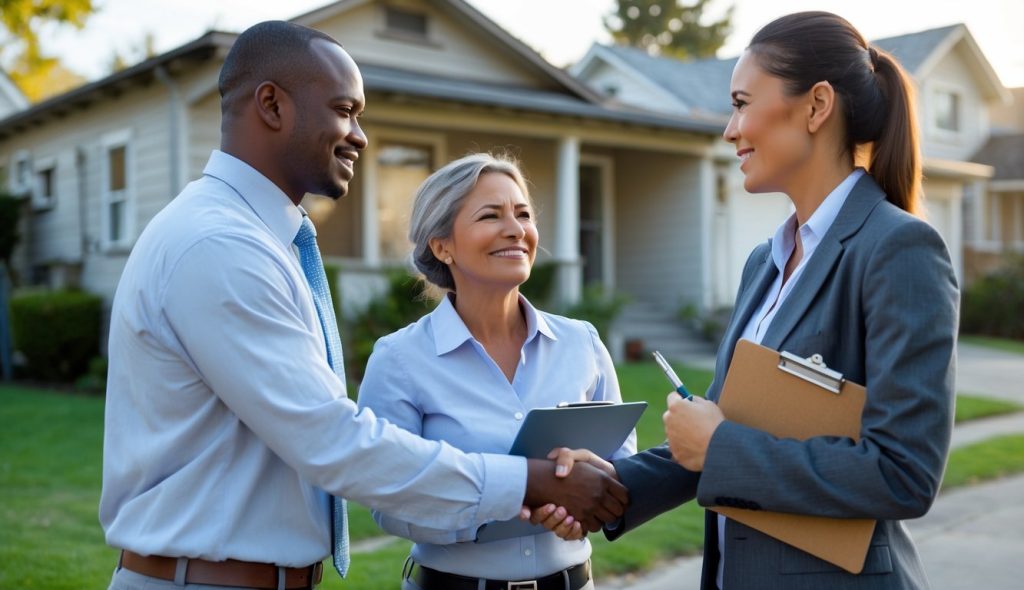 A real estate agent shaking hands with a distressed home seller outside a modest house during the day.