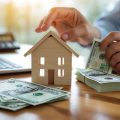 Hands holding a small wooden house model and cash on a table with a laptop and calculator nearby, representing a real estate down payment.