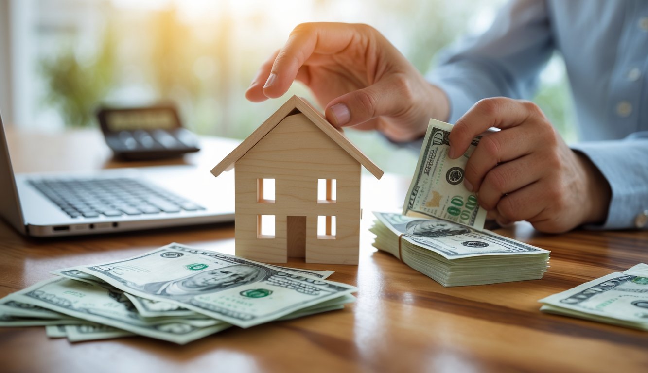 Hands holding a small wooden house model and cash on a table with a laptop and calculator nearby, representing a real estate down payment.