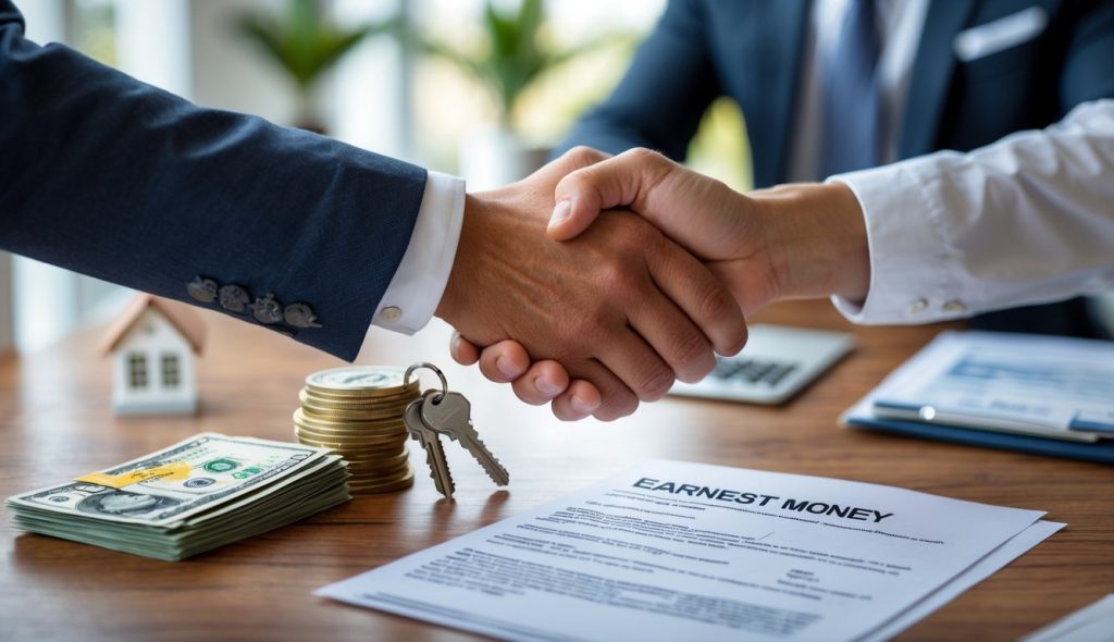 A real estate agent and client shaking hands over a table with a contract, house keys, and cash.