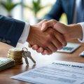 A real estate agent and client shaking hands over a table with a contract, house keys, and cash.