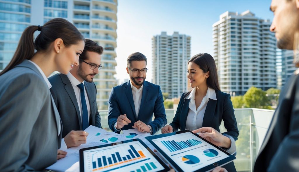 Two real estate professionals reviewing documents and digital tablets with apartment buildings in the background.