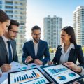 Two real estate professionals reviewing documents and digital tablets with apartment buildings in the background.